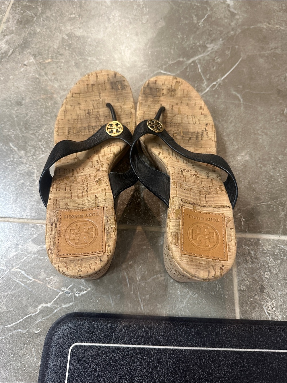 Tory Burch Black Leather Cork Wedge Thong Sandals - Picture 4 of 7